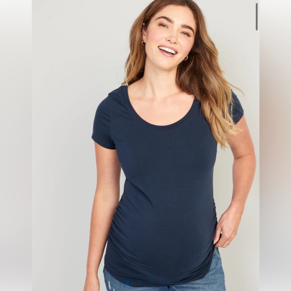 2 Maternity Scoop-Neck Side-Shirred T-Shirt Neutral Stripes & Navy Sz Med